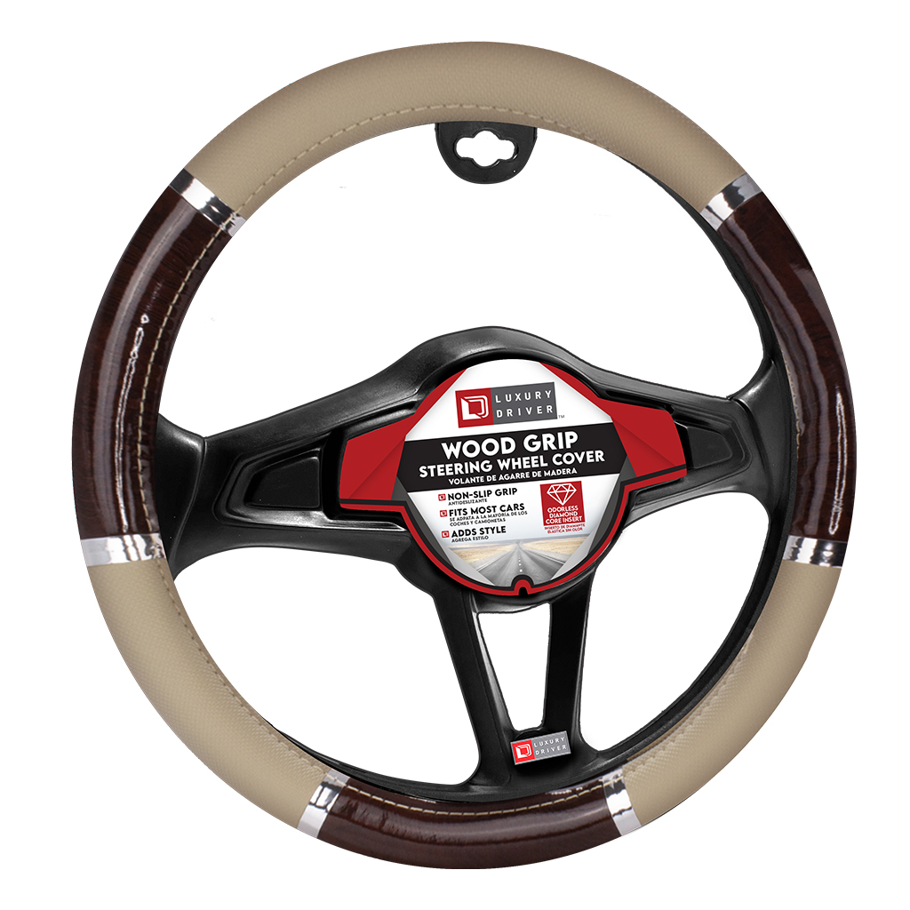 Luxury Driver Steering Wheel Cover - Wood Grip Beige and Burlwood