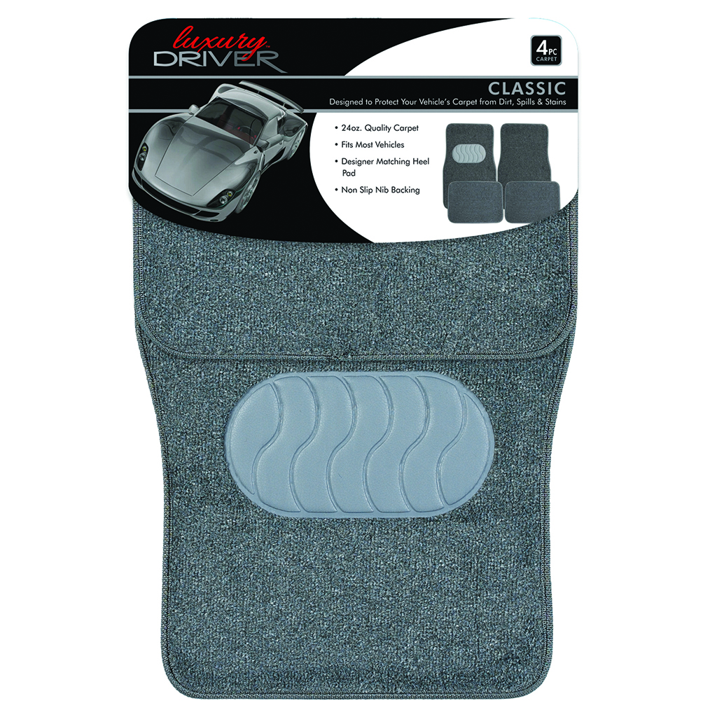 Classic 4 Piece Carpet Car Mat With Heel - Light Grey