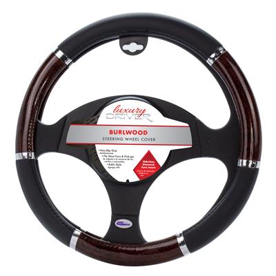 Luxury Driver Steering Wheel Cover - Wood Grip Burlwood and Black