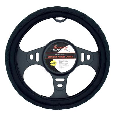 Luxury Driver Steering Wheel Cover - Quilted Velour Black