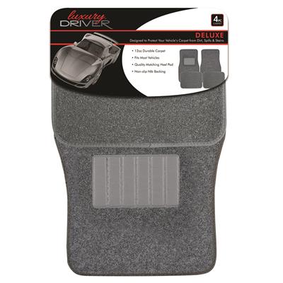 Deluxe 4 Piece Carpet with Heel Pad Car Mat - Light Grey